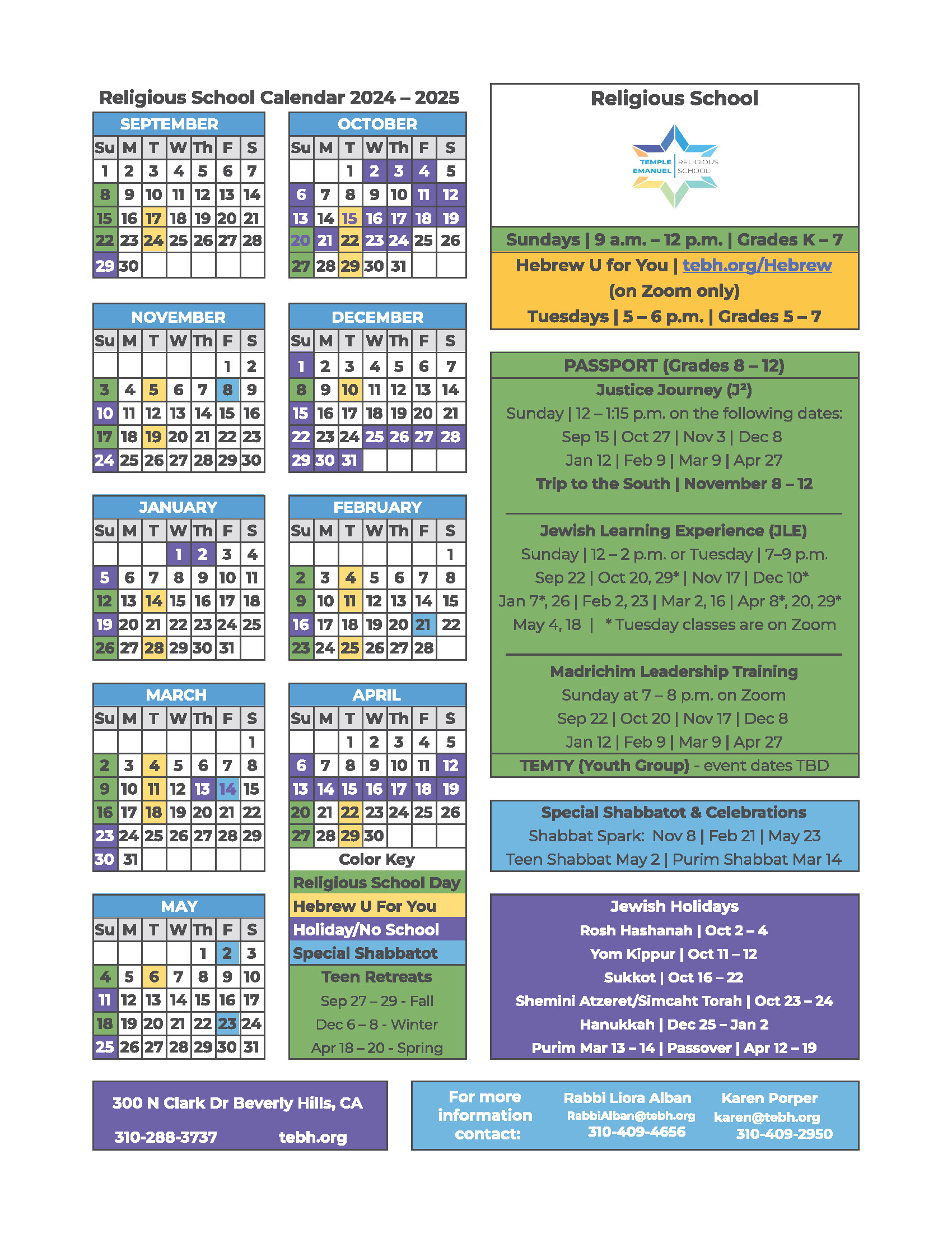 Religious School Calendar for the 2023-2024 school year